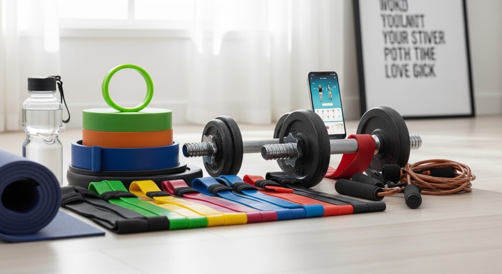 Attrezzatura per allenamento a casa con bande di resistenza e manubri