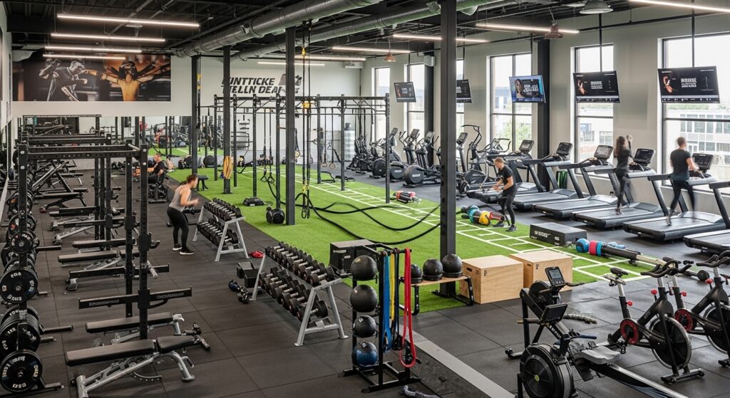 Palestra con attrezzature varie per allenamenti ibridi