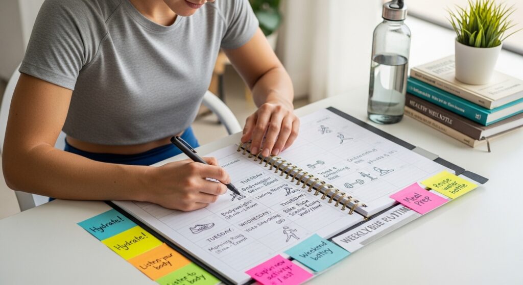 Persona organizando una rutina fitness sostenible en un calendario semanal