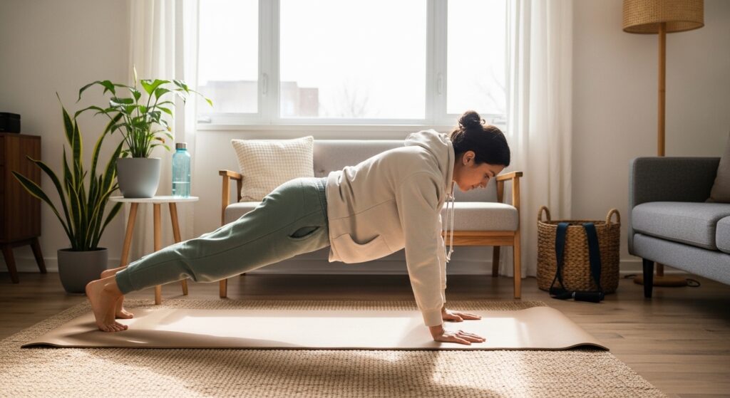Persona realizando entrenamiento en casa como parte de una rutina fitness sostenible