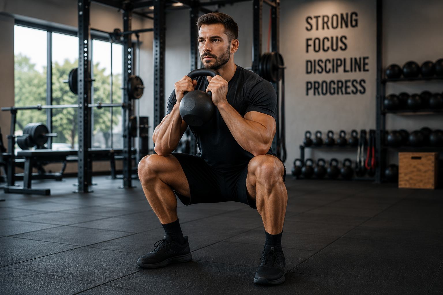 Atleta che esegue squat funzionale con kettlebell in palestra moderna durante allenamento di forza