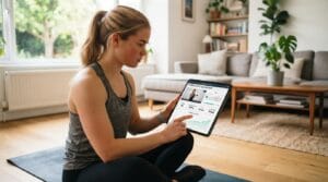 Persona che analizza un piano di allenamento su tablet con esercizi fitness e statistiche