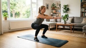 Persona che esegue squat a corpo libero su tappetino fitness in soggiorno luminoso